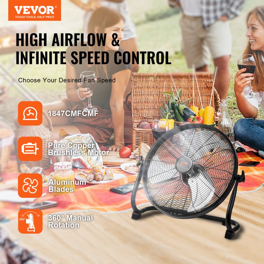 Bostome 16" cordless floor fan with metal construction and a large handle for portability.