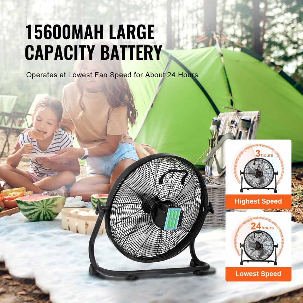 Portable 16-inch cordless floor fan with metal construction and 360-degree rotation.