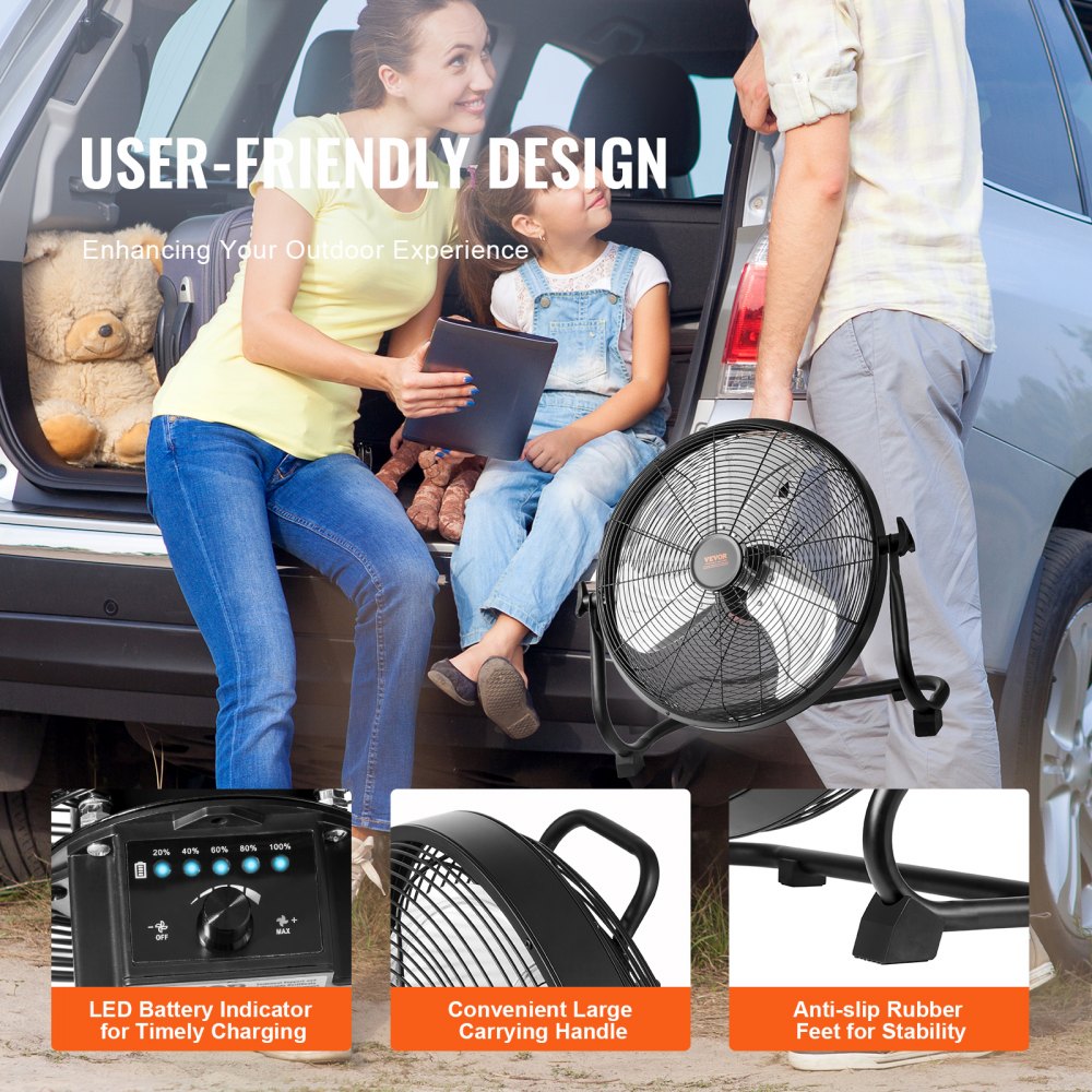 Bostome 16" cordless floor fan in metal with three blades and a large handle for portability.