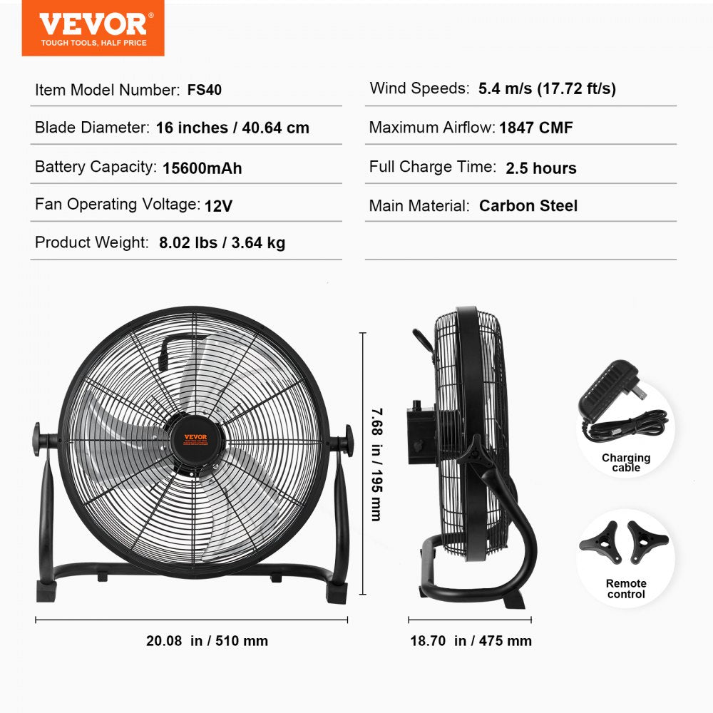 Bostome 16" cordless floor fan with metal construction and a large handle for portability.