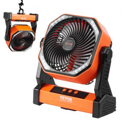Orange 8-inch rechargeable portable fan with LED lantern, 20000mAh battery, and 4 speeds, shown in multiple views.