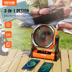 Orange 8-inch rechargeable portable fan with LED lantern, 20000mAh battery, and charging ports on a wooden surface.