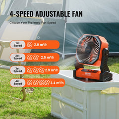 Orange 8-inch rechargeable portable fan with LED lantern displaying 4 adjustable speeds from 2.0 to 3.4 m/h.