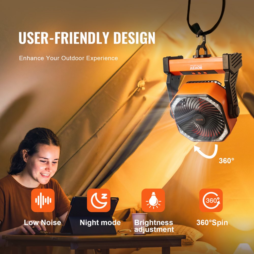 Orange 8-inch rechargeable portable fan with LED lantern, 4 speeds, 360-degree swivel, and hanging hook.