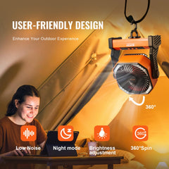 Orange 8-inch rechargeable portable fan with LED lantern, 4 speeds, 360-degree swivel, and hanging hook.