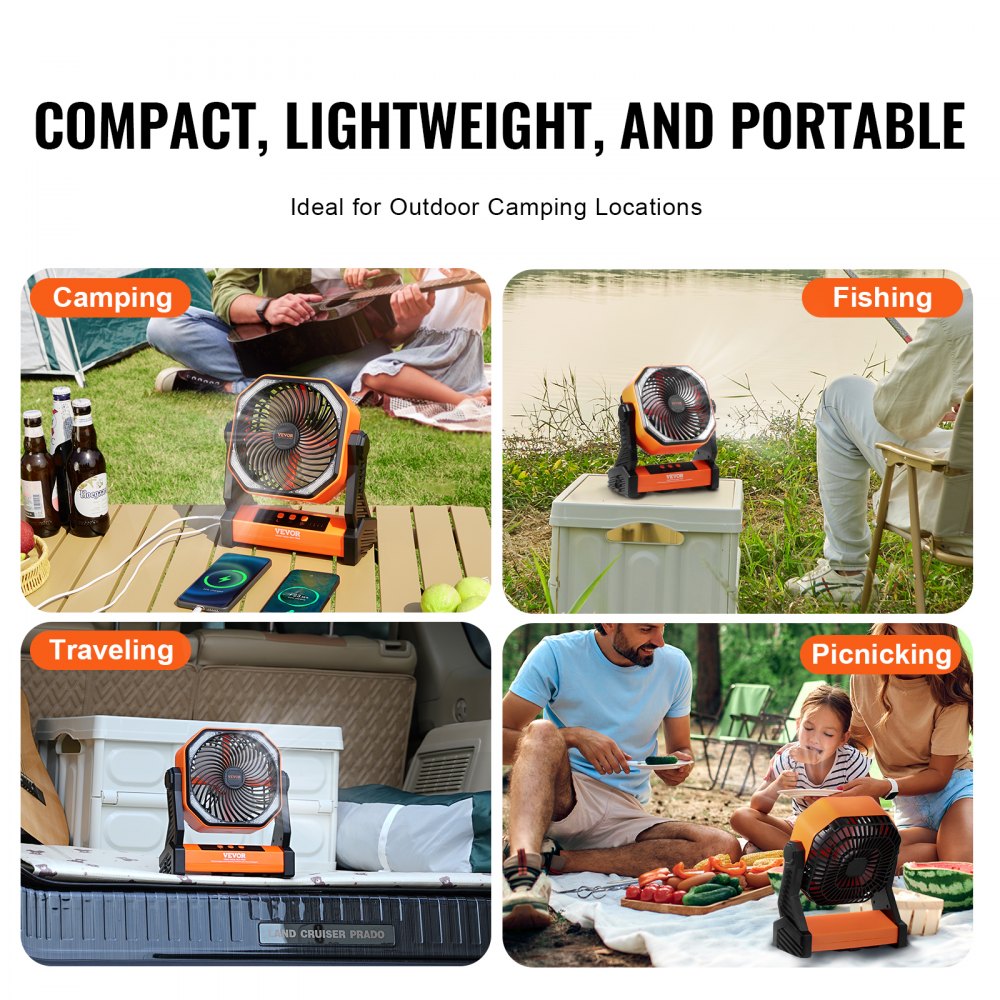 An orange and black portable fan with an LED lantern is shown in four outdoor settings.