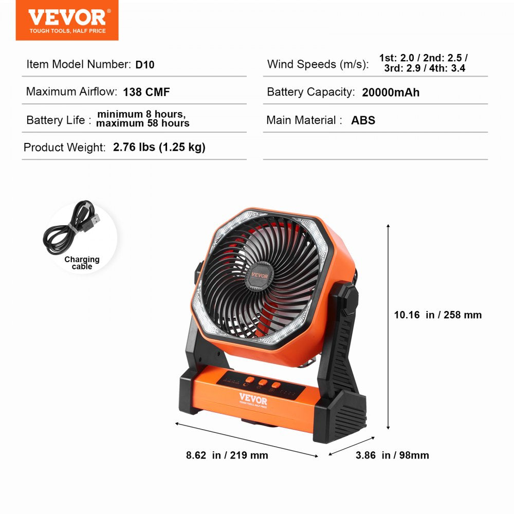 Orange 8-inch rechargeable portable fan with LED lantern, 20000mAh battery, and 4 speeds.