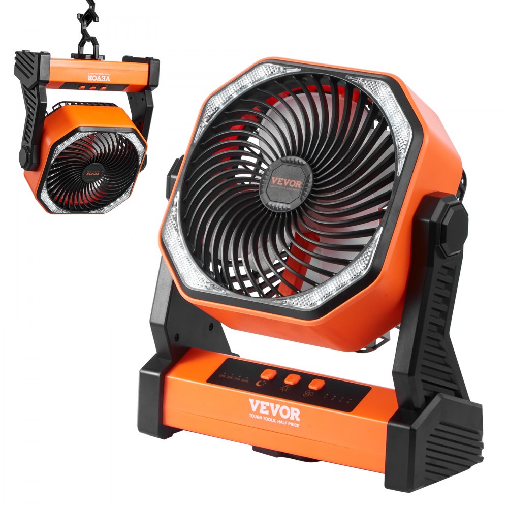 Orange 8-inch rechargeable portable fan with LED lantern, foldable stand, and hook.