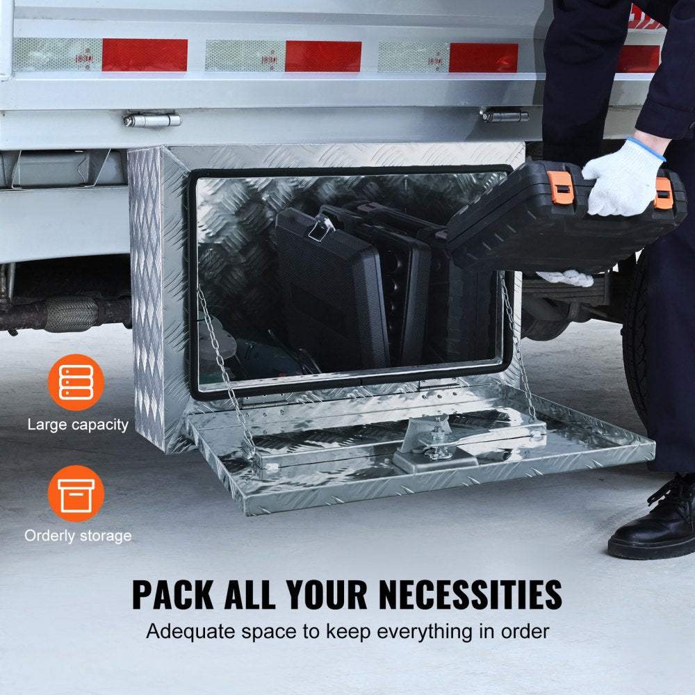Underbody Truck Box, 24"×17"×18" Pickup Storage Box, Heavy Duty Aluminum Diamond Plate Tool Box with Lock and Keys, Waterproof Trailer Storage Box with T-Handle Latch for Truck, Van, Trailer