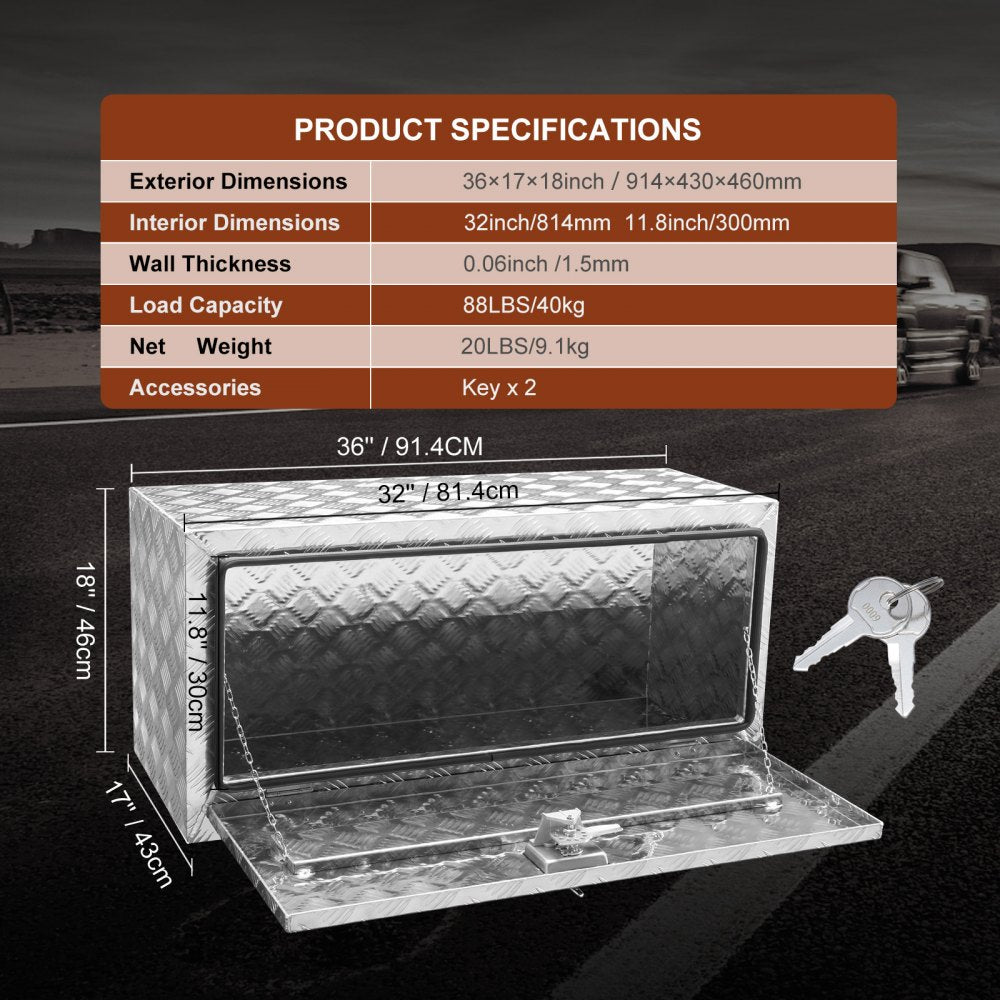 Underbody Truck Box, 36"×17"×18" Pickup Storage Box, Heavy Duty Aluminum Diamond Plate Tool Box with Lock and Keys, Waterproof Trailer Storage Box with T-Handle Latch for Truck, Van, Trailer