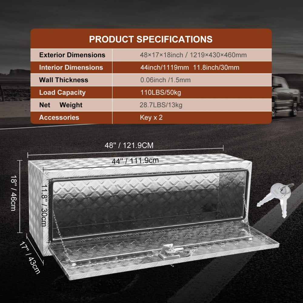 Underbody Truck Box, 48"×17"×18" Pickup Storage Box, Heavy Duty Aluminum Diamond Plate Tool Box with Lock and Keys, Waterproof Trailer Storage Box with T-Handle Latch for Truck, Van, Trailer