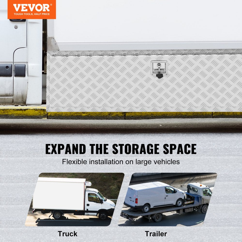 Underbody Truck Box, 60"×17"×18" Pickup Storage Box, Heavy Duty Aluminum Diamond Plate Tool Box with Lock and Keys, Waterproof Trailer Storage Box with T-Handle Latch for Truck, Van, Trailer