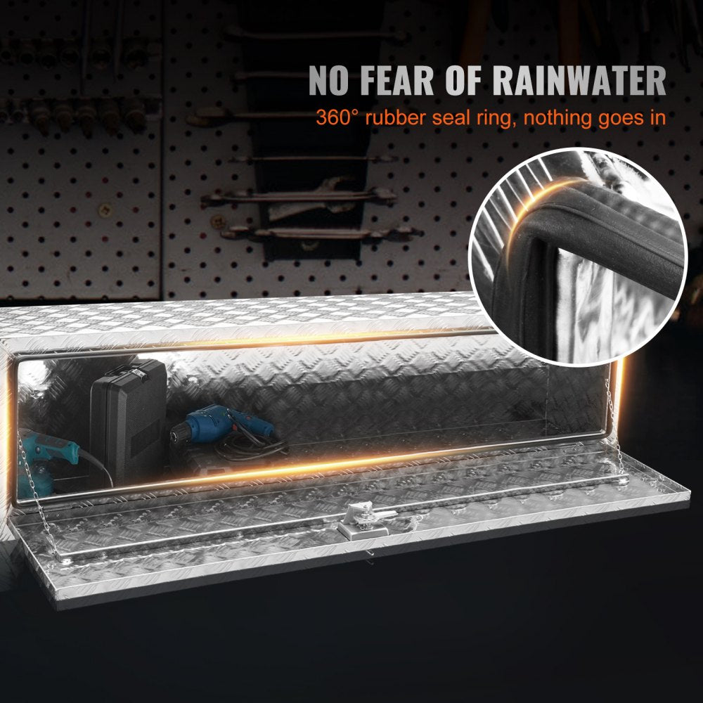 Underbody Truck Box, 60"×17"×18" Pickup Storage Box, Heavy Duty Aluminum Diamond Plate Tool Box with Lock and Keys, Waterproof Trailer Storage Box with T-Handle Latch for Truck, Van, Trailer