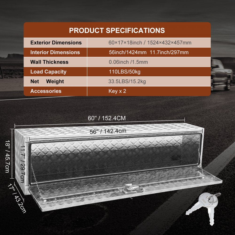 Underbody Truck Box, 60"×17"×18" Pickup Storage Box, Heavy Duty Aluminum Diamond Plate Tool Box with Lock and Keys, Waterproof Trailer Storage Box with T-Handle Latch for Truck, Van, Trailer