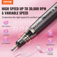 Electric Cordless Nail Drill, 30,000RPM Variable-Speed Rechargeable Nail E File Machine, Portable Manicure Pedicure Polisher with 50PCS Sanding Bands for Dead Skin Removal, Nail Surface Smooth
