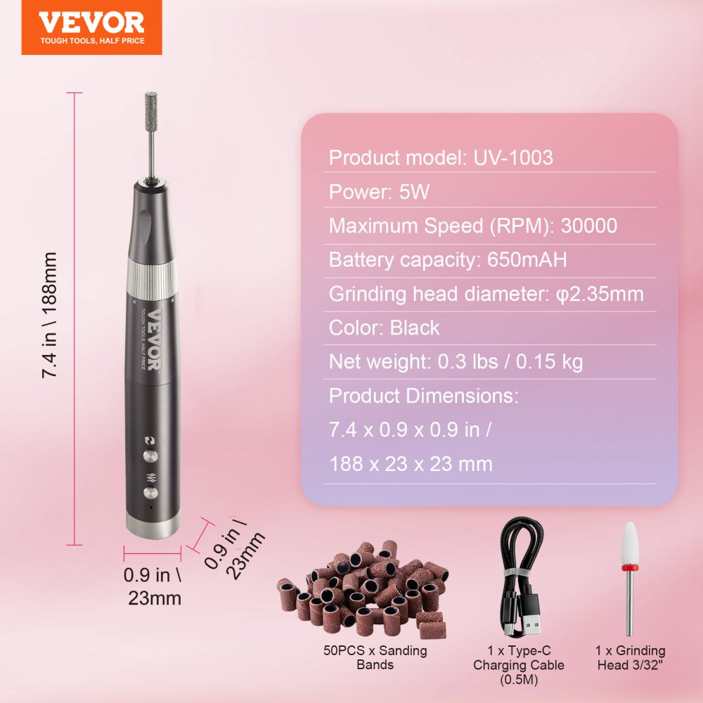 Electric Cordless Nail Drill, 30,000RPM Variable-Speed Rechargeable Nail E File Machine, Portable Manicure Pedicure Polisher with 50PCS Sanding Bands for Dead Skin Removal, Nail Surface Smooth