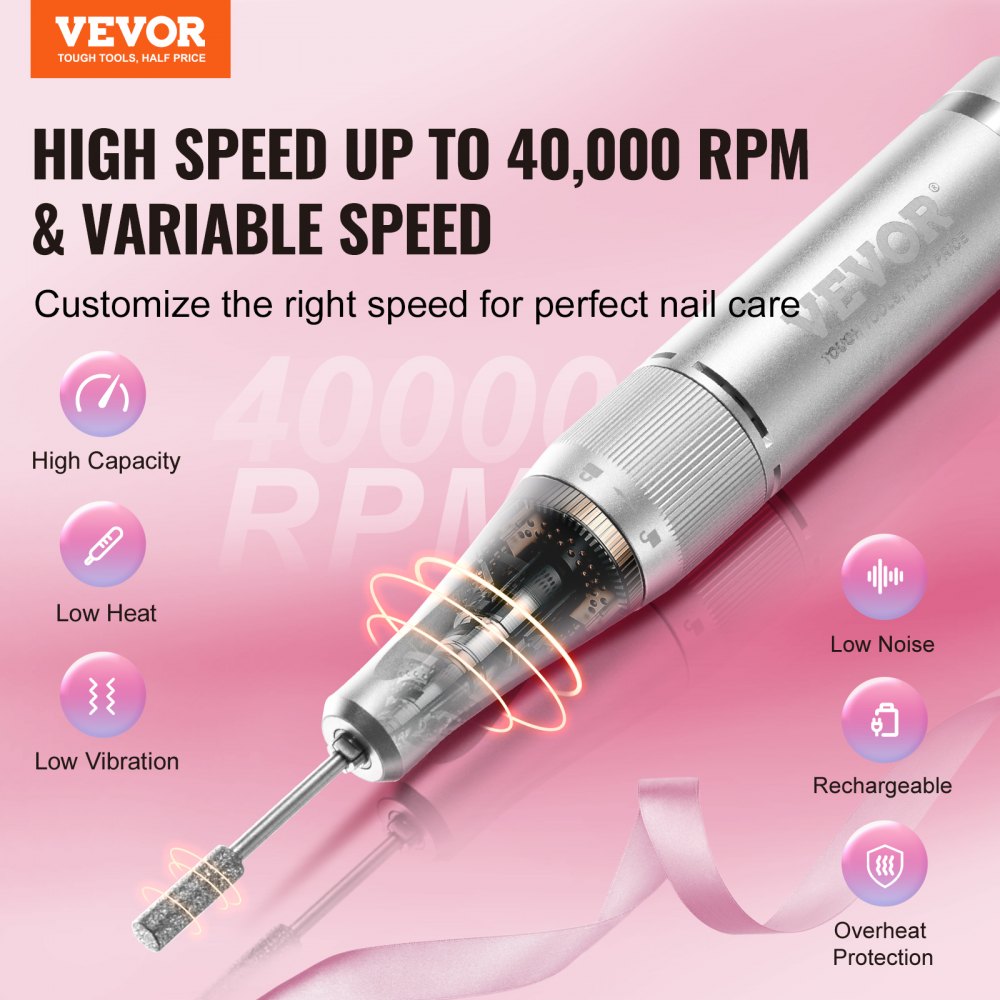Electric Rechargeable Nail Drill, 40,000RPM Portable Cordless Nail E File Machine, LCD-Display Acrylic Gel Grinder Tool with 6 Bits and 50PCS Sanding Bands for Manicure Pedicure Carve Polish