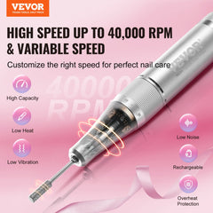 Electric Rechargeable Nail Drill, 40,000RPM Portable Cordless Nail E File Machine, LCD-Display Acrylic Gel Grinder Tool with 6 Bits and 50PCS Sanding Bands for Manicure Pedicure Carve Polish