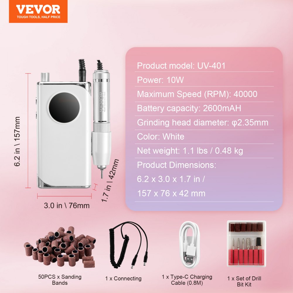 Electric Rechargeable Nail Drill, 40,000RPM Portable Cordless Nail E File Machine, LCD-Display Acrylic Gel Grinder Tool with 6 Bits and 50PCS Sanding Bands for Manicure Pedicure Carve Polish