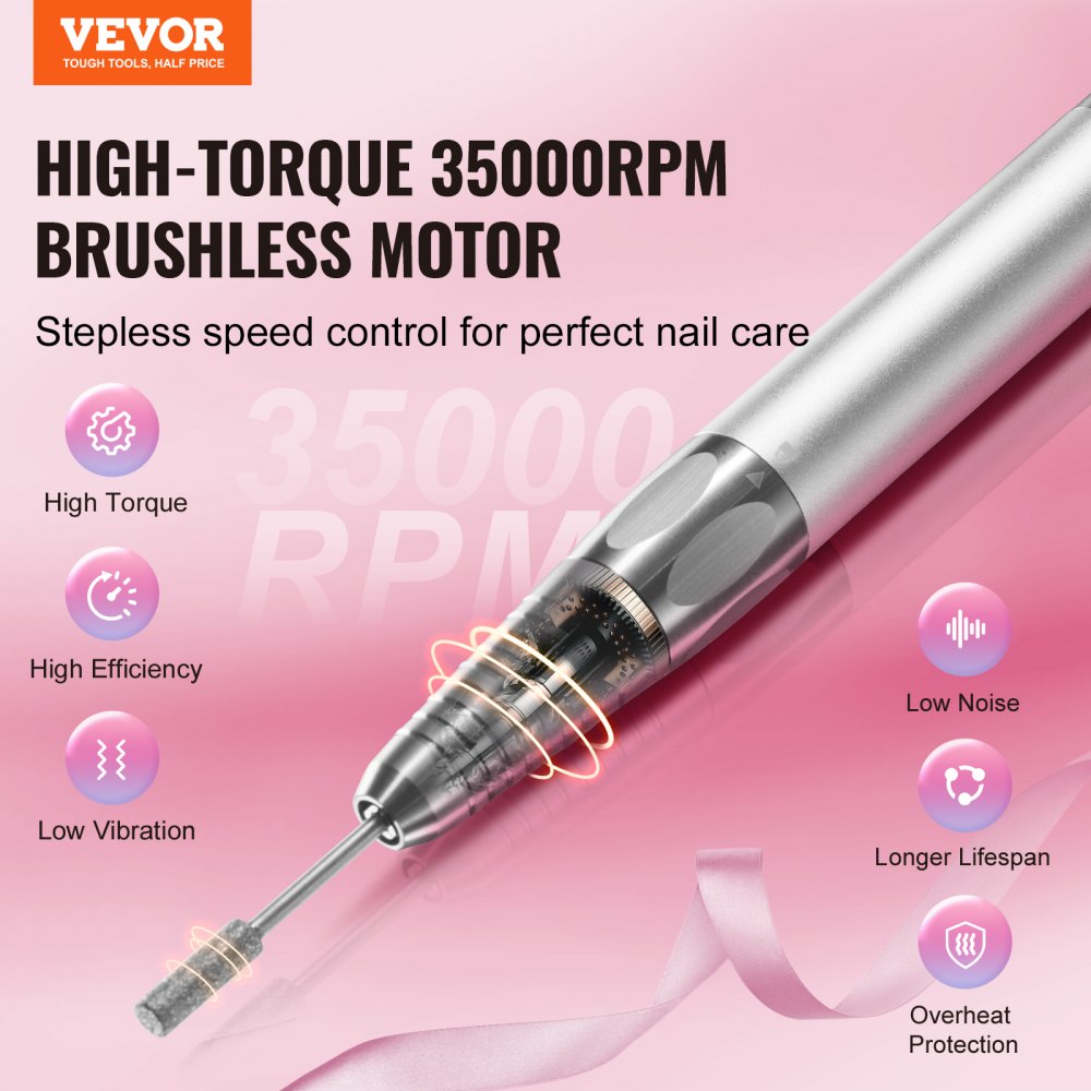 Electric Cordless Nail Drill - with High-Torque 35000RRM Brushless Motor, Rechargeable Nail E File Machine with 6 Bits & 50PCS Sanding Band for Acrylic Gel Nails, Portable Manicure Pedicure Tool