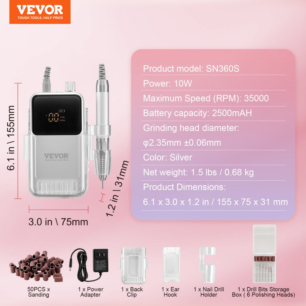 Electric Cordless Nail Drill - with High-Torque 35000RRM Brushless Motor, Rechargeable Nail E File Machine with 6 Bits & 50PCS Sanding Band for Acrylic Gel Nails, Portable Manicure Pedicure Tool