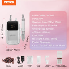 Electric Cordless Nail Drill - with High-Torque 35000RRM Brushless Motor, Rechargeable Nail E File Machine with 6 Bits & 50PCS Sanding Band for Acrylic Gel Nails, Portable Manicure Pedicure Tool