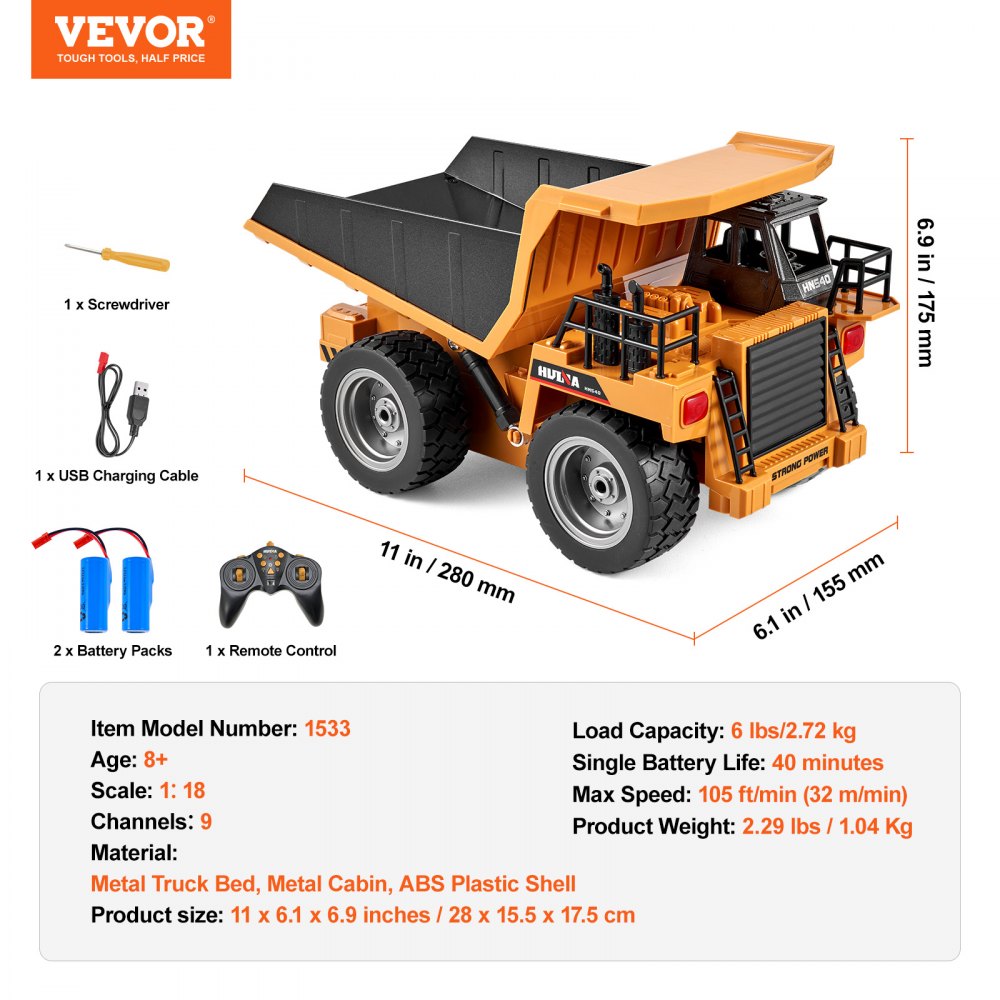 RC Remote Control Dump Truck Toy Construction Vehicle Toy 9CH 1:18 Scale