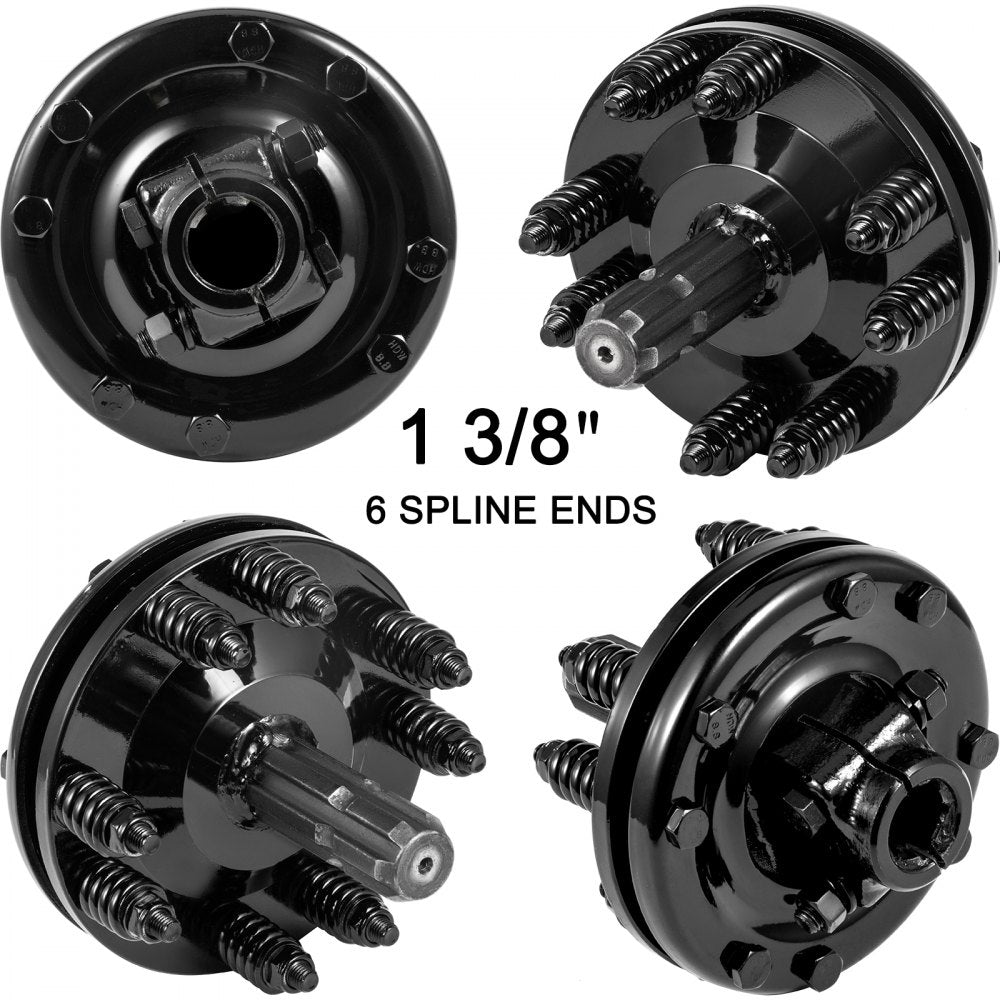 Black carburized steel 1-3/8" 6 spline PTO slip clutch with eight springs, shown from multiple angles.