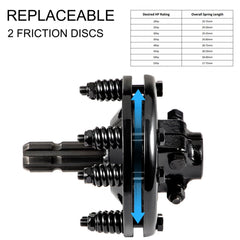 Black carburized steel PTO slip clutch with 1-3/8" 6 spline, four springs, and replaceable friction discs.