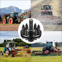 Black carburized steel 1-3/8" 6-spline PTO slip clutch with eight springs, shown with tractors and implements.