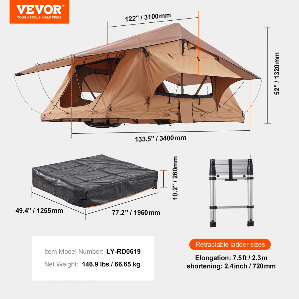 Rooftop Tent Hard Shell 2-3 Person Waterproof for Jeep SUV Truck w/ Ladder