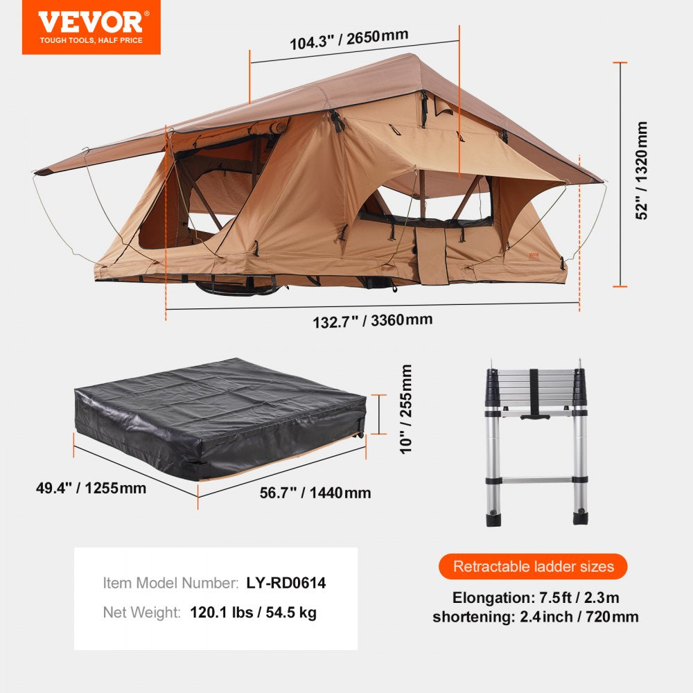 Rooftop Tent Hard Shell 2-3 Person Waterproof for Jeep SUV Truck w/ Ladder