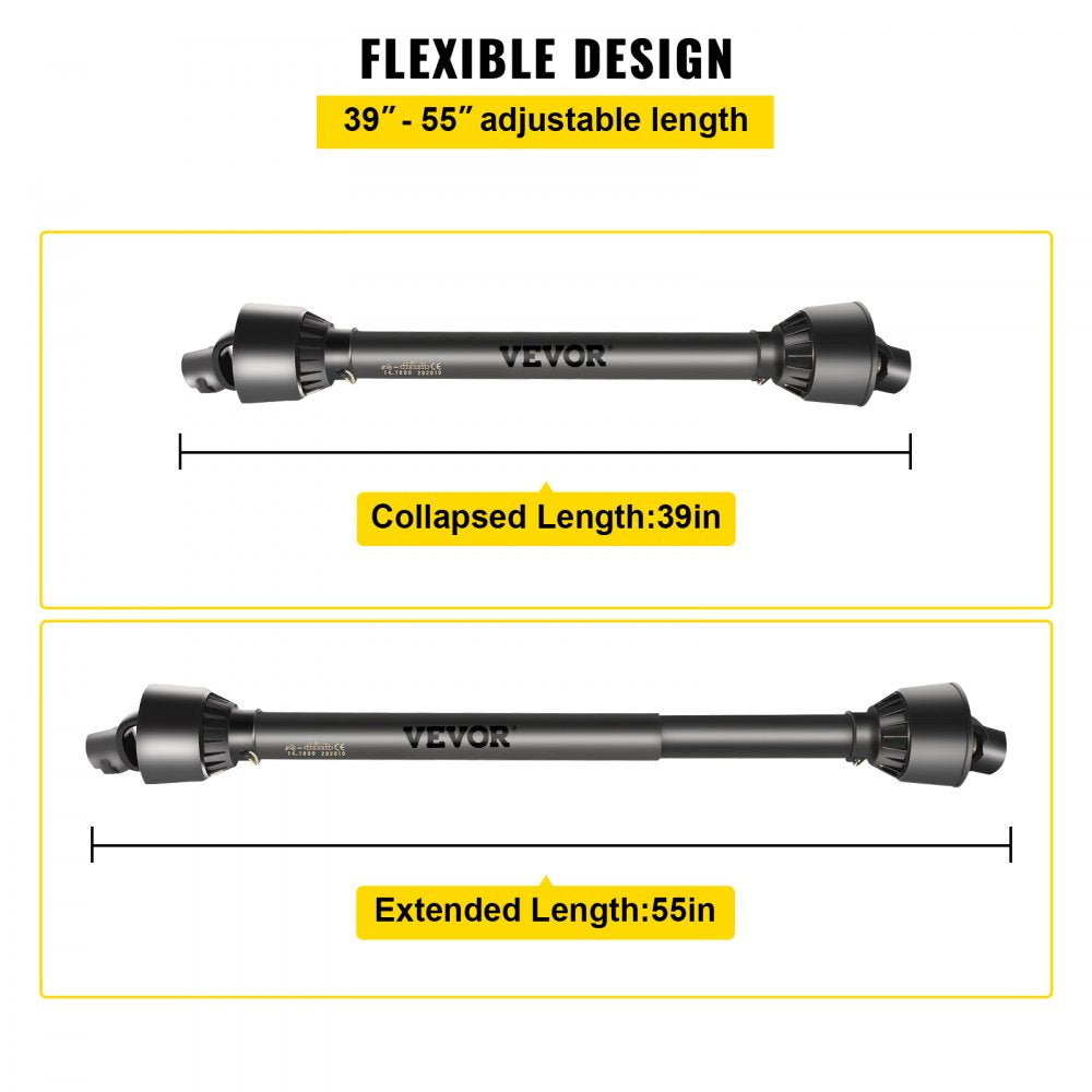 Bostome Series 4 PTO drive shaft with 1-3/8" 6-spline ends, adjustable from 39 to 55 inches.