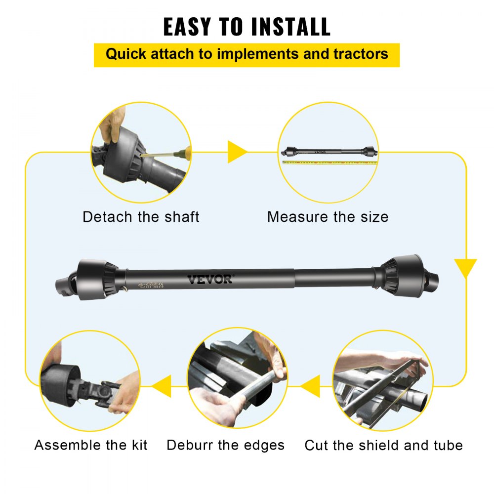 Diagram showing easy installation steps for Bostome Series 4 PTO drive shaft, including detaching, measuring, assembling, and cutting.