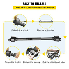 Diagram showing easy installation steps for Bostome Series 4 PTO drive shaft, including detaching, measuring, assembling, and cutting.