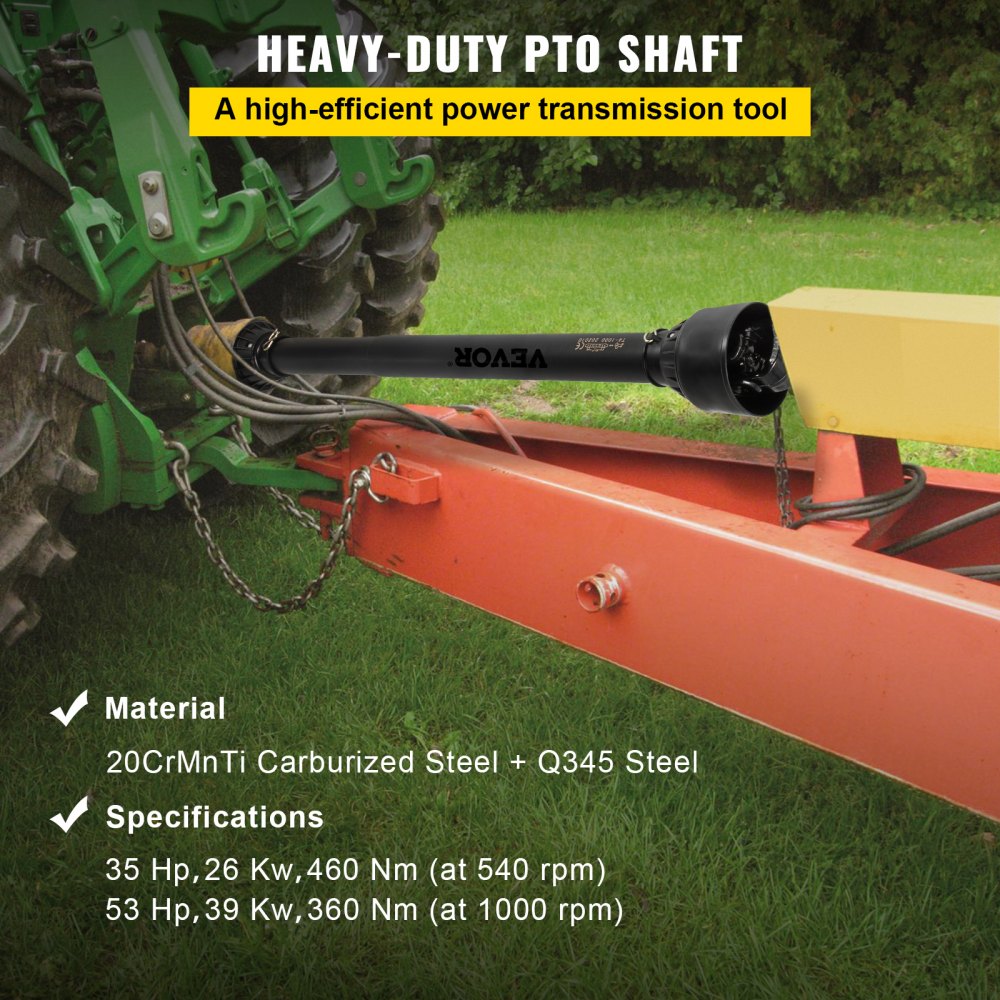 Black Bostome Series 4 PTO Drive Shaft with 1-3/8" 6 spline, adjustable length 43"-61".
