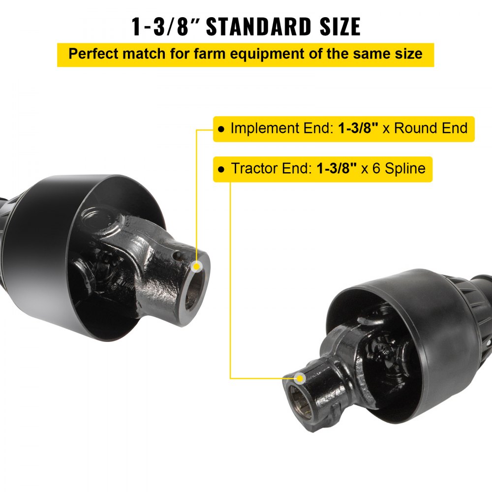 Bostome Series 4 PTO Drive Shaft with 1-3/8" 6 spline, adjustable length of 43"-61", in black.