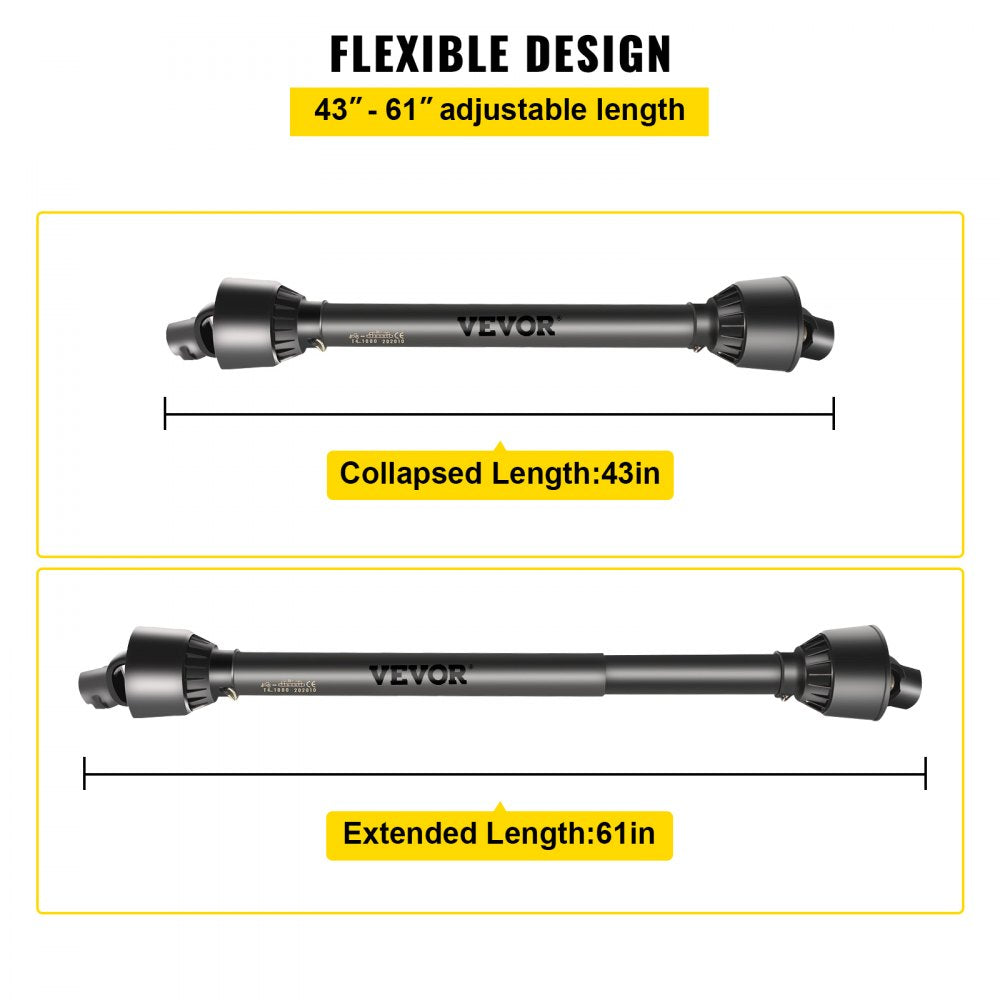 Black Bostome Series 4 PTO drive shaft with 1-3/8" 6 spline, adjustable length 43"-61".