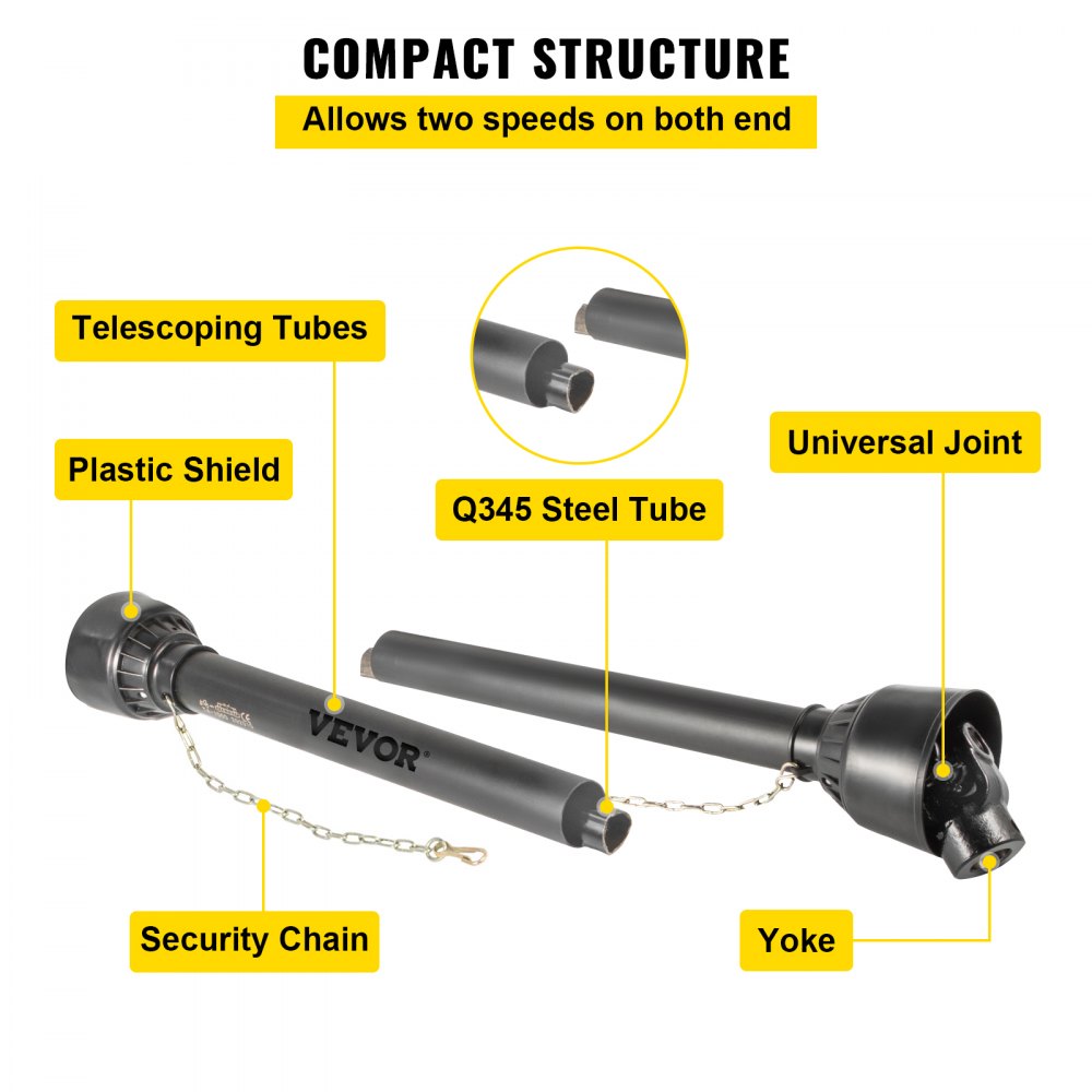 Black Bostome Series 4 PTO drive shaft with 1-3/8" 6 spline and adjustable length of 43"-61".