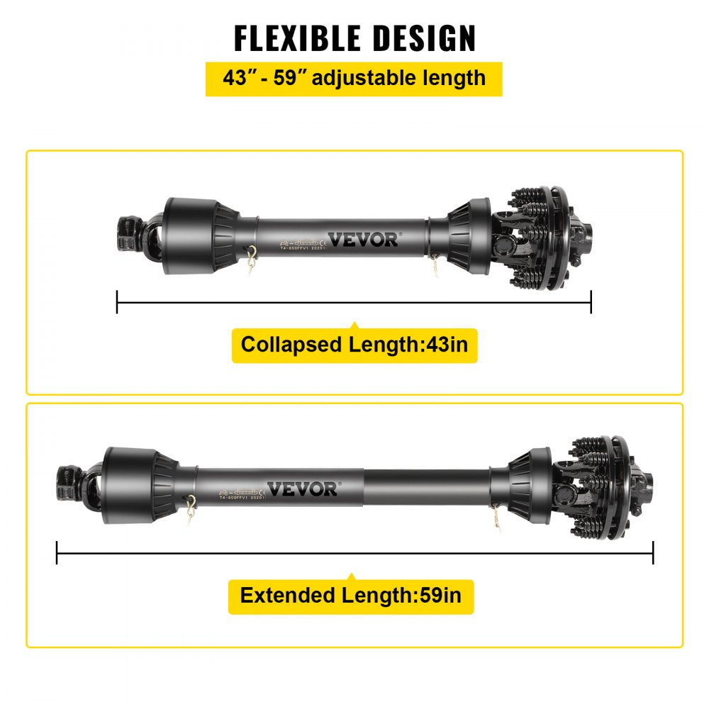 Bostome Series 4 PTO shaft with adjustable length, 6-spline ends, and slip clutch for machinery.