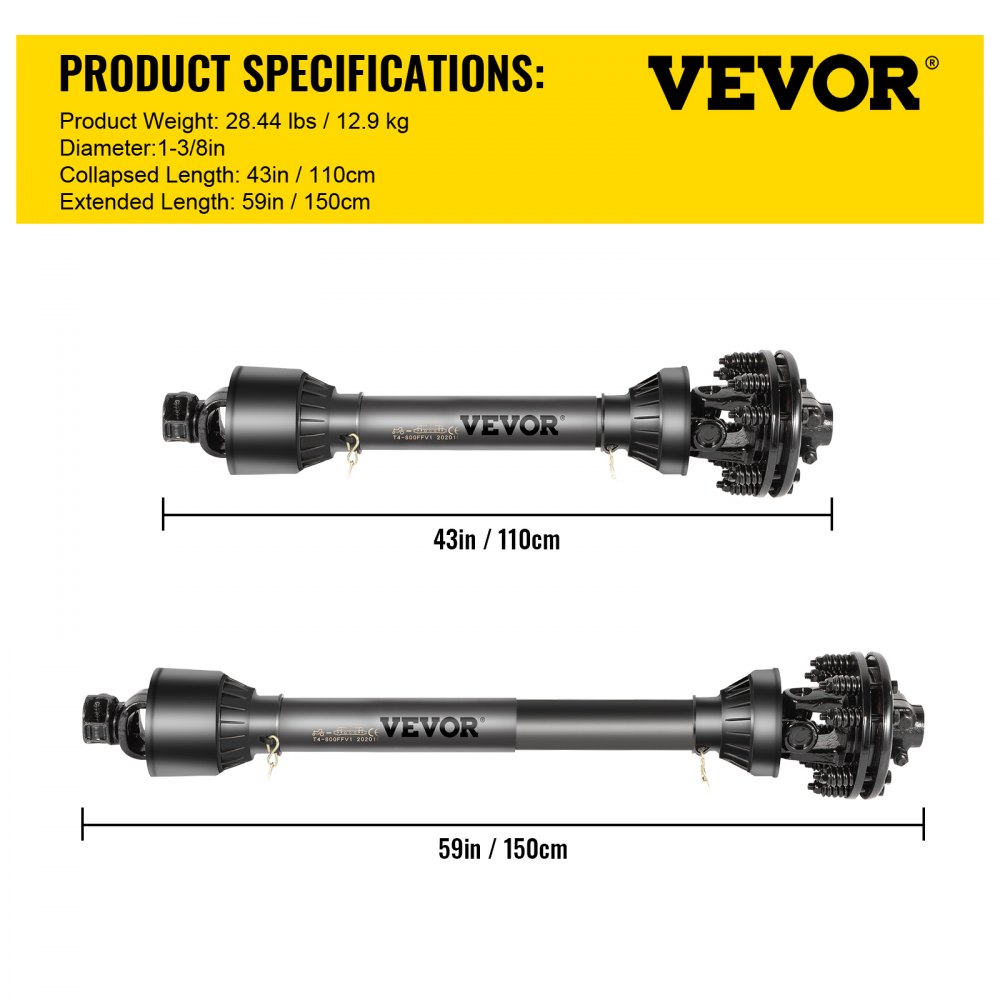 Bostome Series 4 PTO shaft with adjustable length, 6-spline ends, and slip clutch.