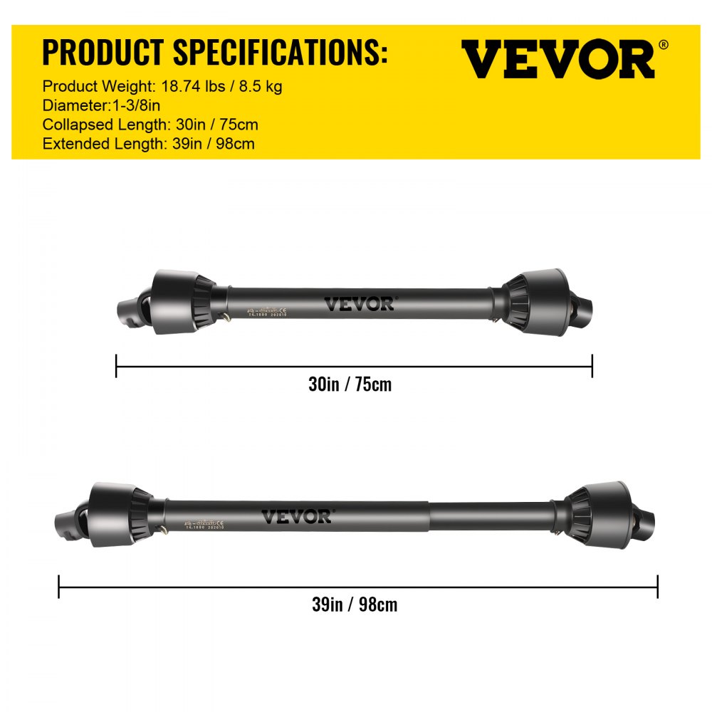 Bostome PTO drive shaft with 30"-39" adjustable length and 6-spline tractor end.