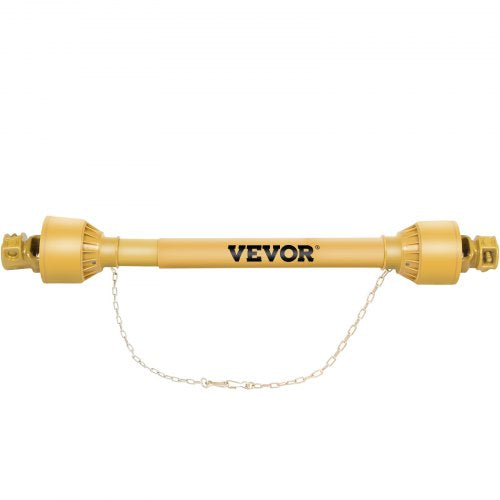 Yellow VEVOR PTO drive shaft with 1-3/8" 6-spline ends, telescoping 39-55 inches, and chain.