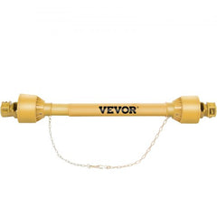 Yellow VEVOR PTO drive shaft with 1-3/8" 6-spline ends, telescoping 39-55 inches, and chain.