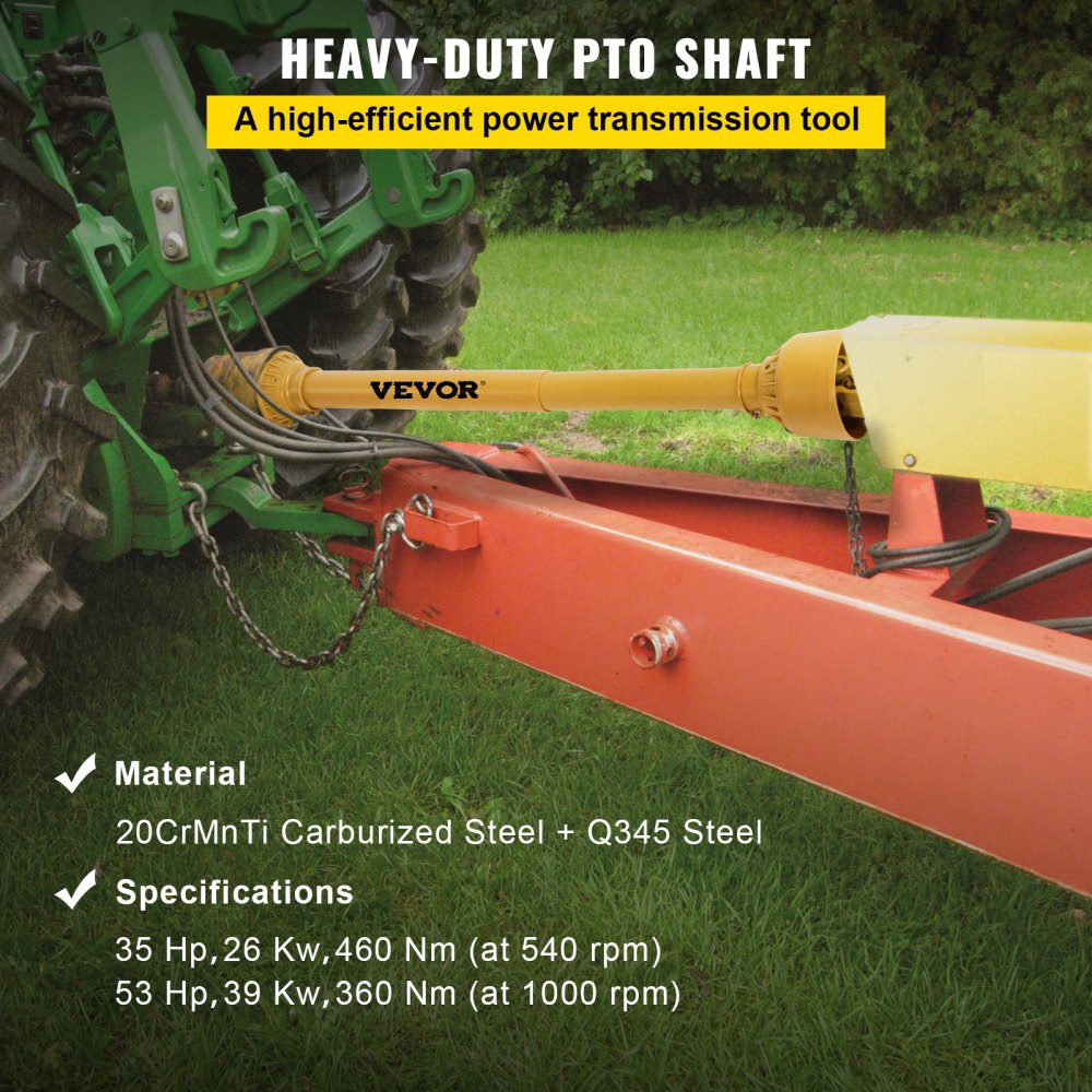 Yellow VEVOR heavy-duty PTO drive shaft connected to a green tractor, with specs for 35-53 HP.