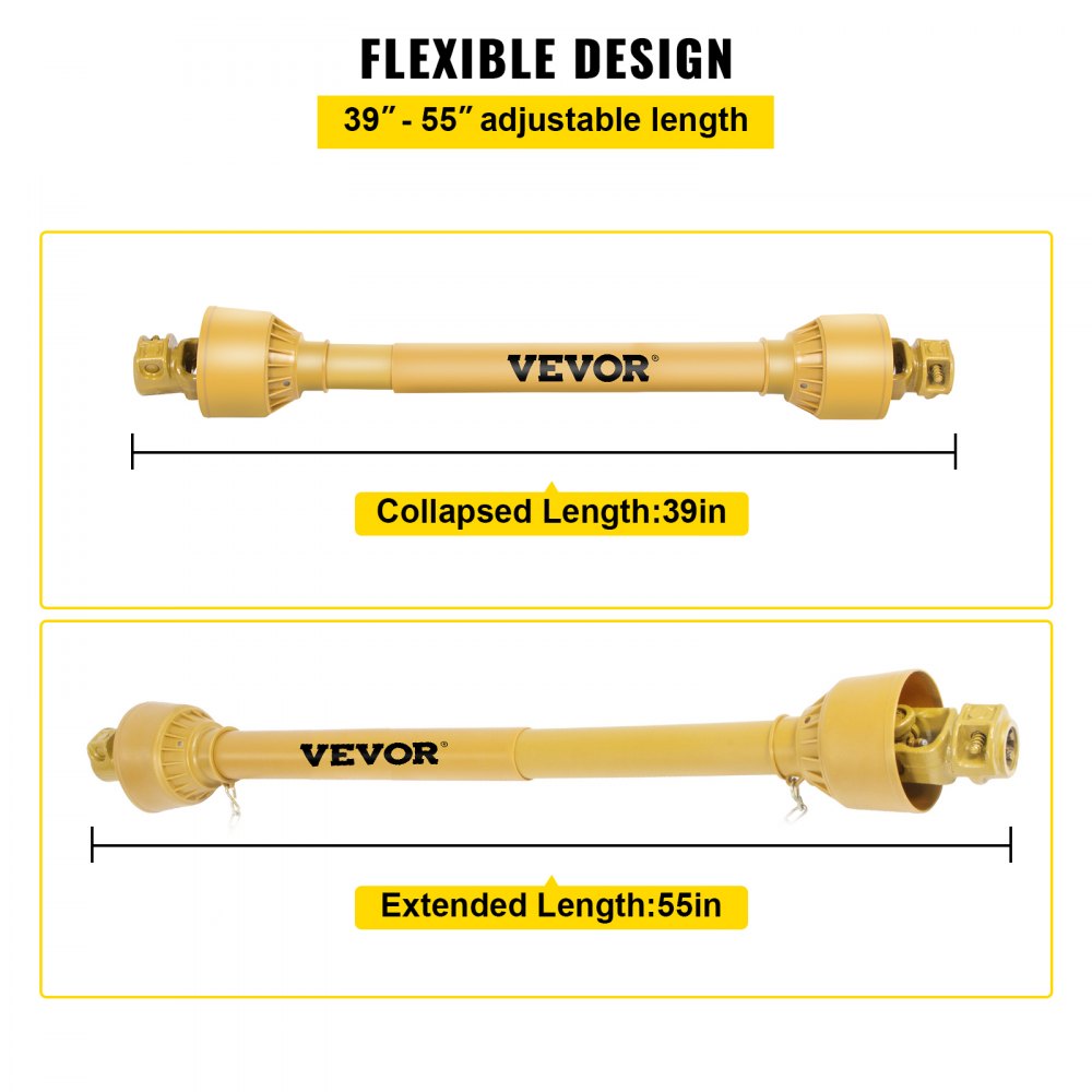 A yellow PTO drive shaft is shown in collapsed (39 inches) and extended (55 inches) lengths.