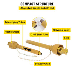 Bostome Series 4 PTO drive shaft with 1-3/8" 6-spline ends, telescoping 39-55" yellow steel tube, universal joint, yoke, plastic shield, and security chain.