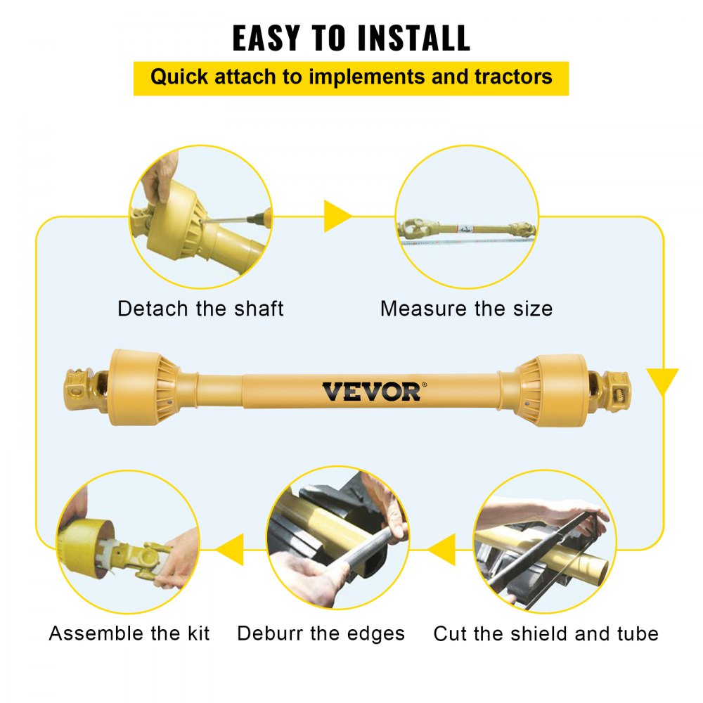Diagram showing easy installation steps for VEVOR yellow PTO drive shaft with assembly, measurement, and cutting.