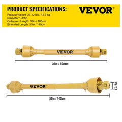 A yellow PTO drive shaft with product specifications listed above it.
