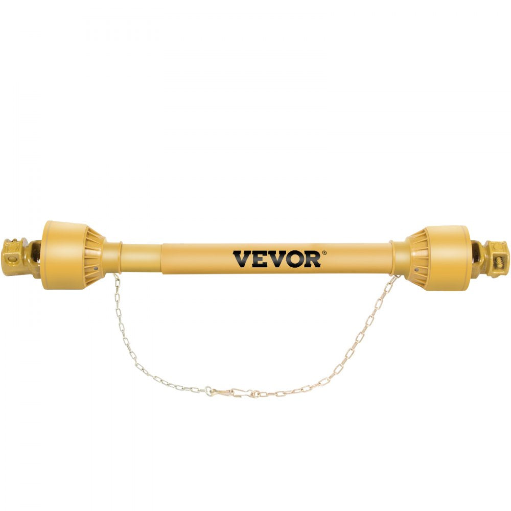 Yellow VEVOR Bostome Series 4 PTO drive shaft with 1-3/8" 6-spline ends, 39-55" length, and chain.